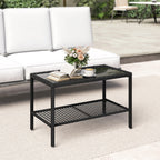 Rattan-Couchtisch, zweistufiger Outdoor-Tisch mit Ablagefach, gehärteter Glasplatte und Stahlrahmen, Schwarz