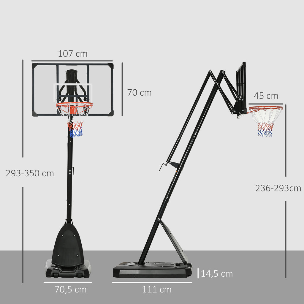 Basketballständer, verstellbare Korbhöhe 2,3-2,9 m, untere Pralllatte, befüllbare Basis, rot+schwarz