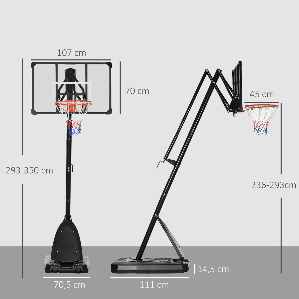 Basketballständer, verstellbare Korbhöhe 2,3-2,9 m, untere Pralllatte, befüllbare Basis, rot+schwarz