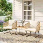 Rattan Bistroset 3 teiliges FSC Gartenmöbel-Set mit 2 Sessel, Lamell-Holztisch, dicke waschbare Kissen Stahlrahmen