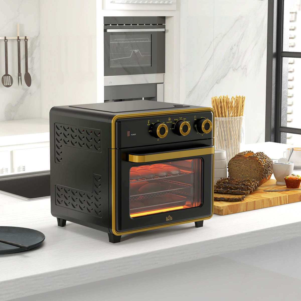 Mini-Backofen, 20 Liter, ölfreies Frittieren, Grillen, Backen, Umluft, 90-230° C, Timer, 1400W, schwarz+gold