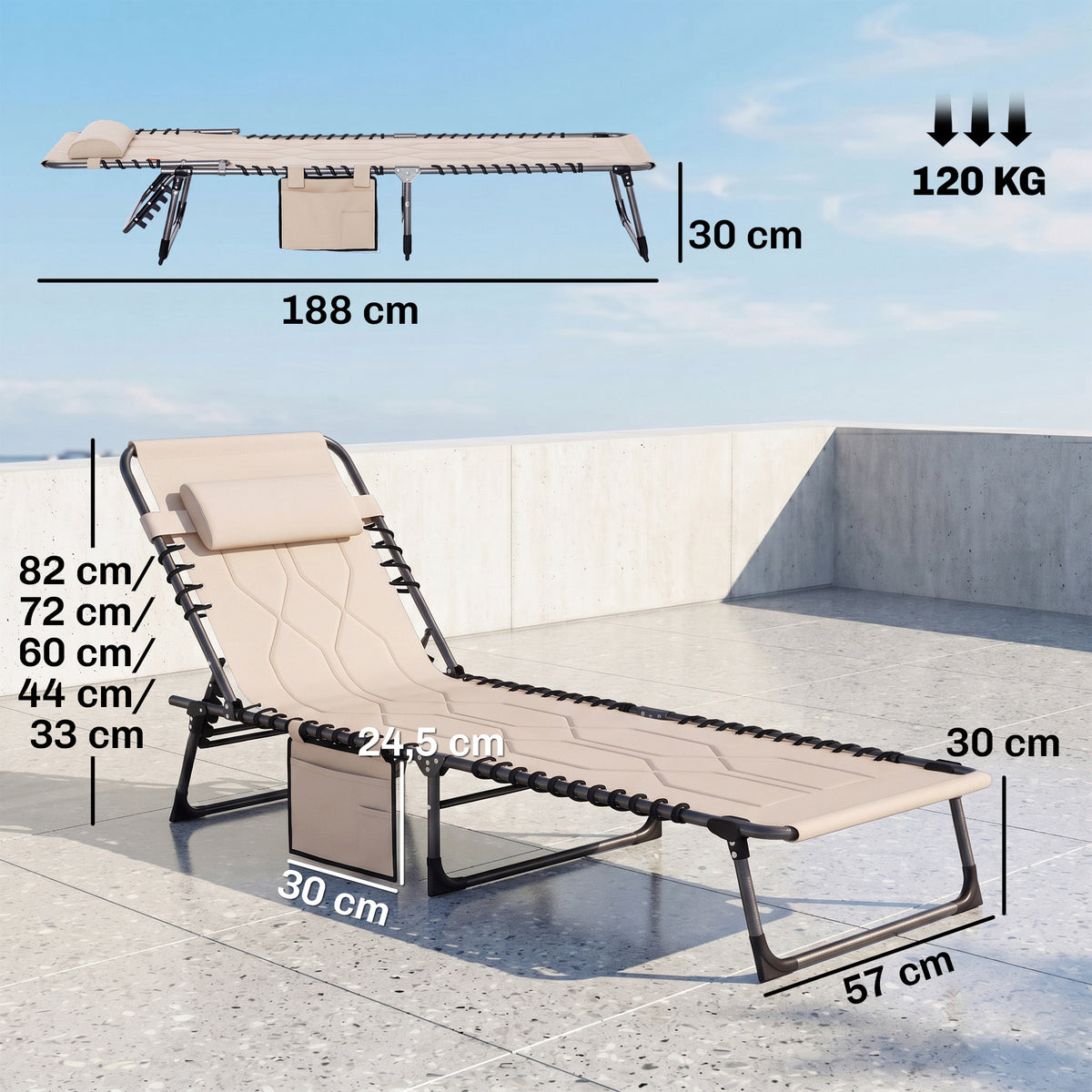 Sonnenliege, Faltbare Gartenliege, Klappliege mit Kissen, 5-stufige R¨¹ckenlehne, Oxfordstoff, 188 x 57 x 30 cm, Beige