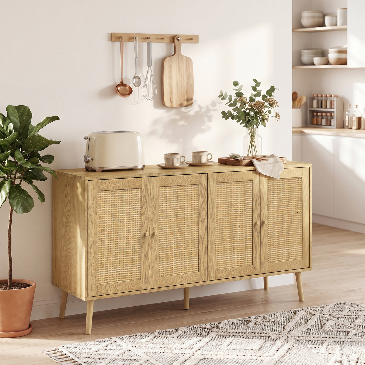 Sideboard Küchenschrank mit 4 Soft-Close-Türen 140x40x75 cm Natur