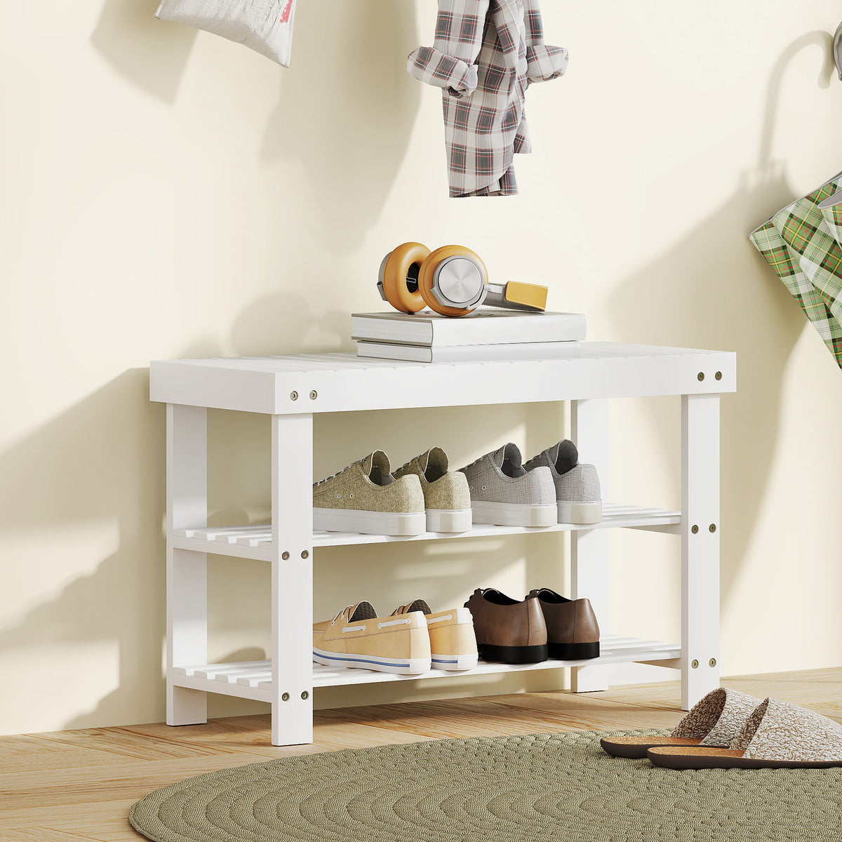 Schuhbank mit Sitzfläche Stauraum 2 Ablagen 70 x 28 x 45cm Weiß