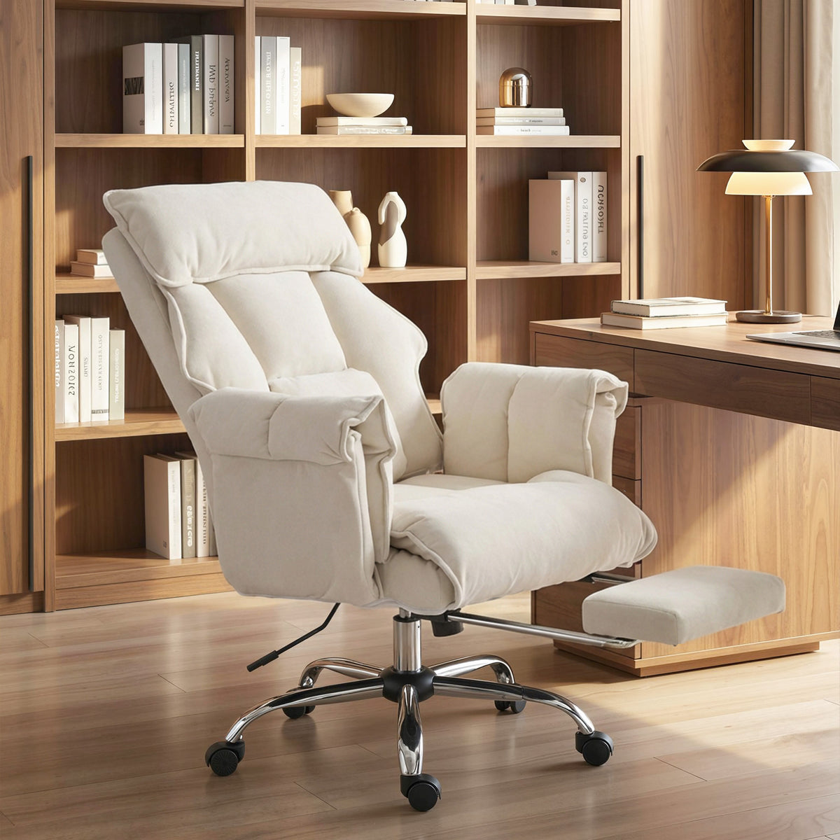 Bürostuhl Höhenverstellbarer Drehstuhl mit Lendenwirbelstütze, Fußstütze, Schneeflanell, 80 x 80 x 106-114 cm Cremeweiß