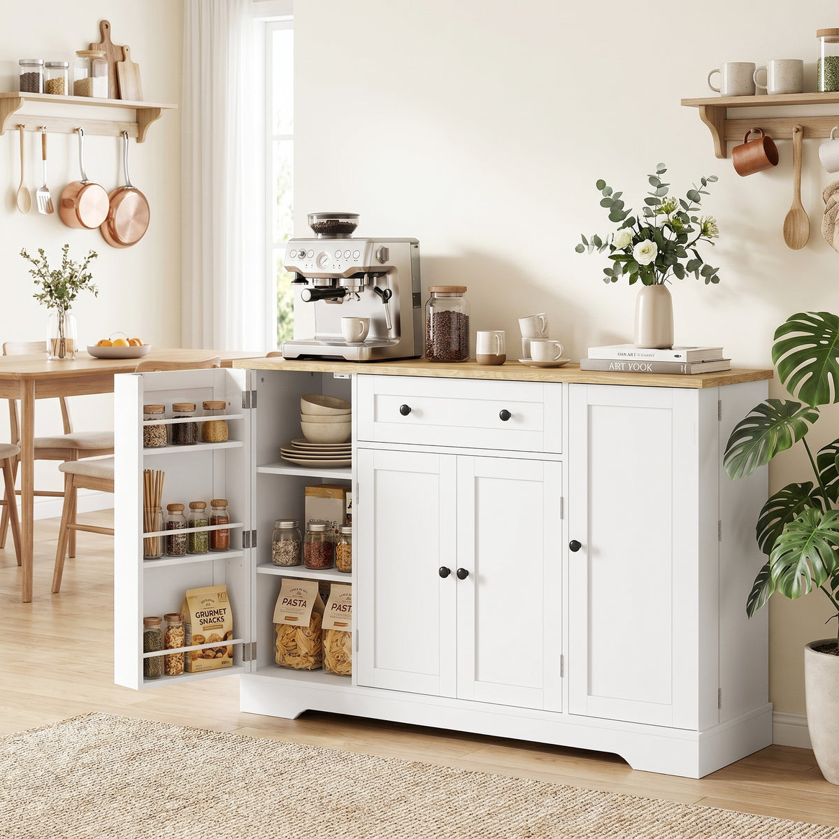 Sideboard Küchenschrank mit 4 Türen, Schublade, Verstellbaren Regal, Türregalen für Küche, Esszimmer, 138x40x85cm, Weiß