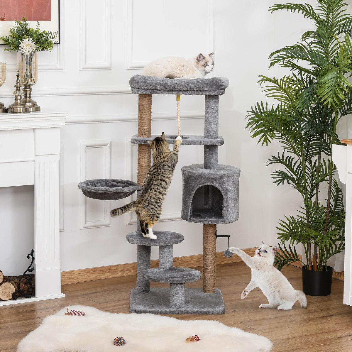 Kratzbaum, Katzenbaum, 1 Katzenhöhle, Katzenbett, 1 Hängematte, inkl. Spielzeug, Hellgrau