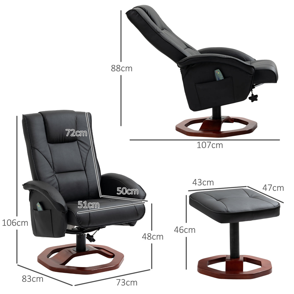 Massagesessel, mit Fu?hocker, 10 Massagepunkte, Liegefunktion, drehbarer Sitz, Schwarz, 73 x 83 x 106cm
