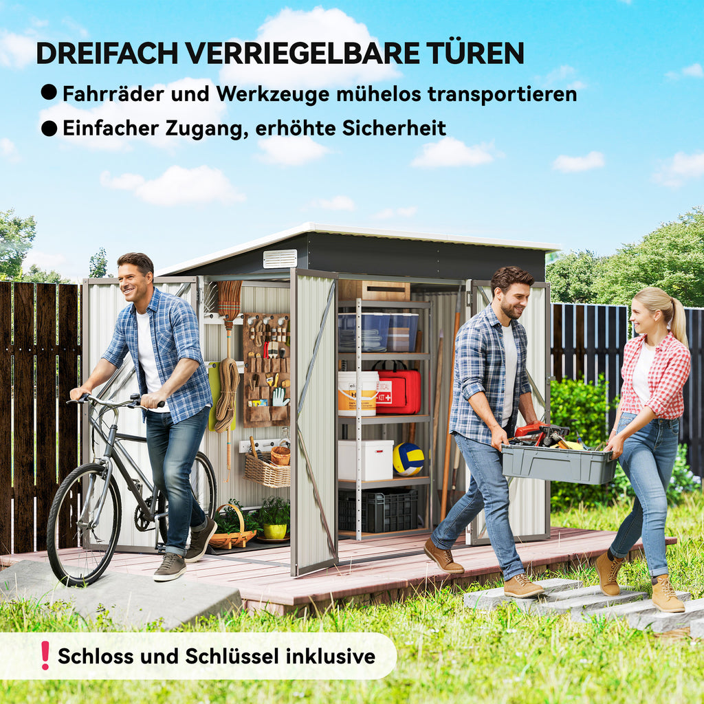7.5 x 4.3ft Metal Garden Storage Shed, Waterproof Outdoor Shed with Triple Lockable Door, Gloves, Vents, Light Grey