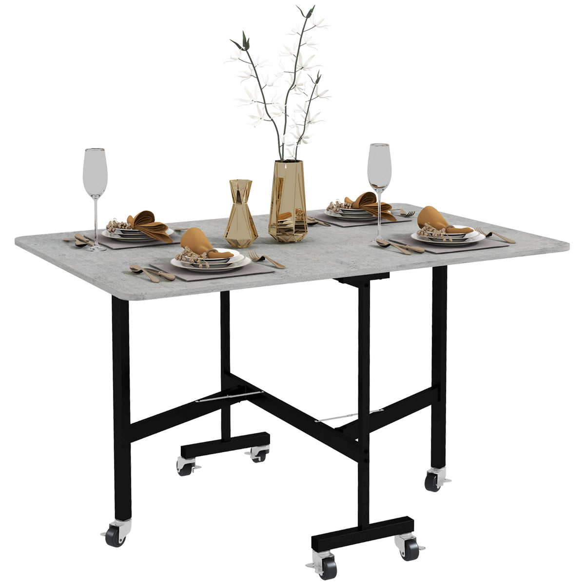 Mobile Drop Leaf Table, Folding Dining Table with 6 Wheels & Brakes, Kitchen Table for Small Spaces, Grey Marble Effect