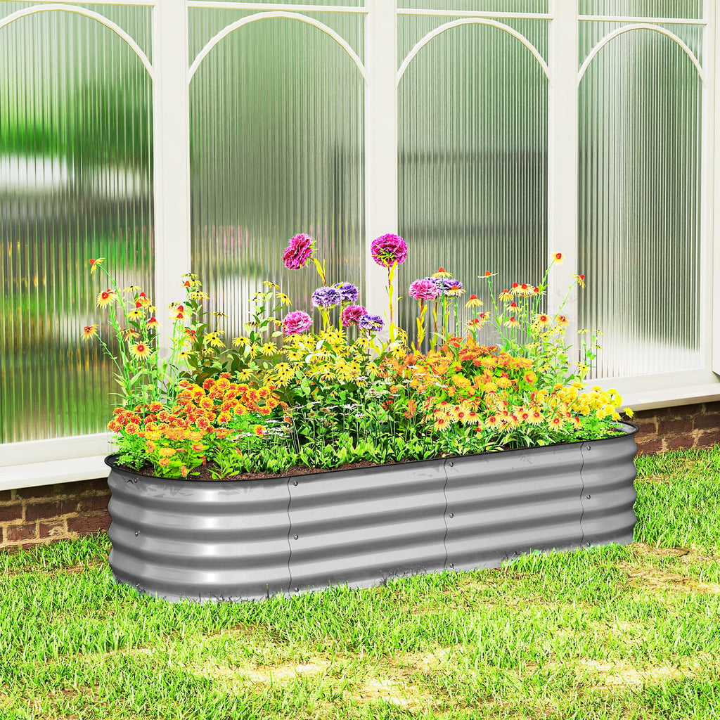 Galvanised Raised Garden Bed, Metal Planter Box with Safety Edging, for Flowers, Herbs, Succulents, Silver