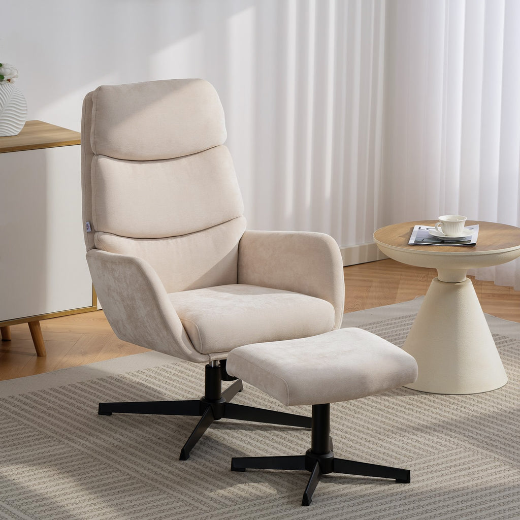 Polstersessel mit Fußhocker, Lounge-Sessel mit hoher Rückenlehne, Metallbasis, für Wohnzimmer, Schlafzimmer, Beige
