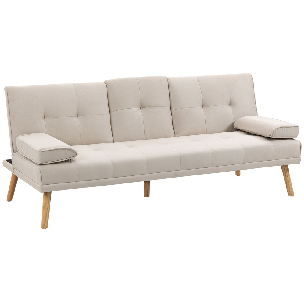 Schlafsofa 3-Sitzer, neigbare R¨¹ckenlehne mit Klapptisch, zwei Armpolster, Leinenoptik, beige, 181 x 77 x 78 cm