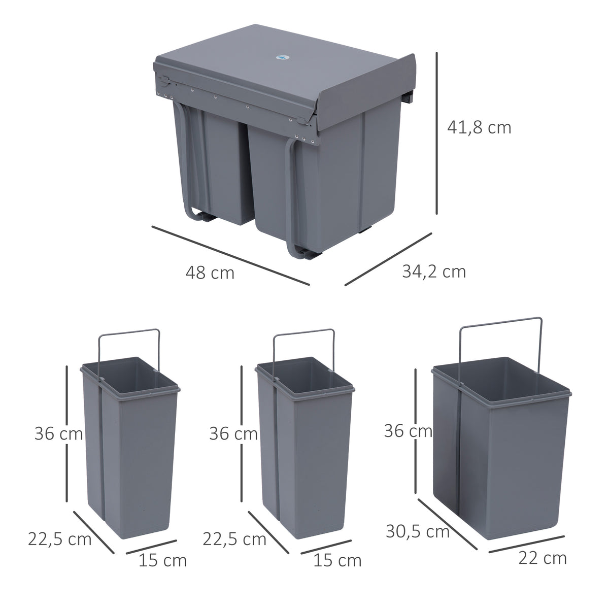 M¨¹lleimer-Konstruktion mit 3 Abfalleimern zur M¨¹lltrennung, Schienensystem, einbaubar, 3er-Set M¨¹llbeh?lter, Grau