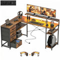 Gaming Tisch L-förmig Schreibtisch mit Stromanschluss LED-Beleuchtung 4 Schubladen Monitorständer 155x110x91,4 cm Braun