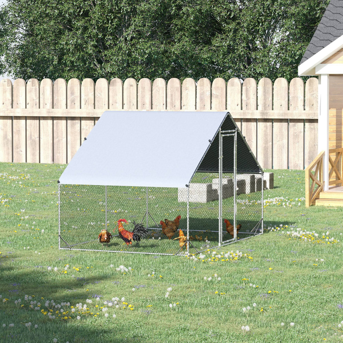 Hühnerstall, Freilaufgehege, Geflügelstall mit Schattendach, Freigehege für 4-6 Hühner, Enten Kaninchen, 3 x 2 x 2 m