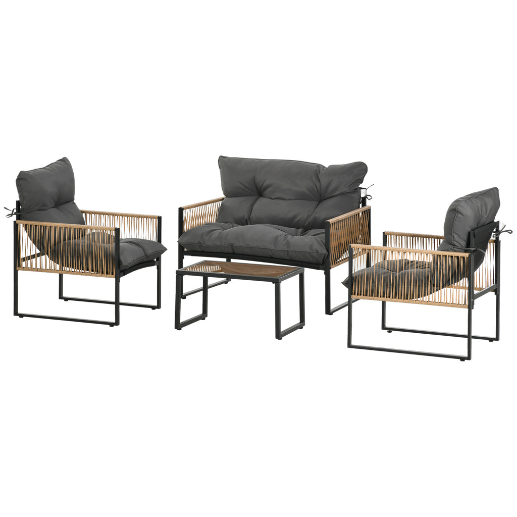 Gartenmöbel-Set, 4-teilig, Sofa, 2 Stühle, Tisch mit Glasplatte, Metallgestell, Polyrattan, Anthrazit