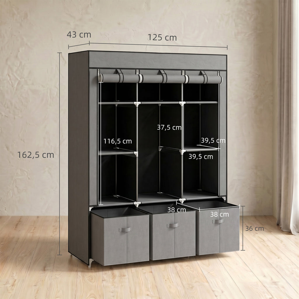 Stoffschrank aus Vlies, Faltschrank, inkl. 3 Schubladen, 125 cm x 43 cm x 162,5 cm, Grau