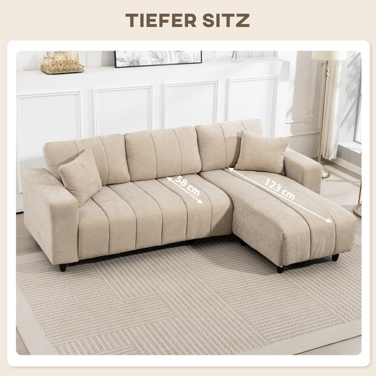 Ecksofa, Chaiselongue Umkehrbar, Kissen, 242 x 156 x 87 cm, Beige