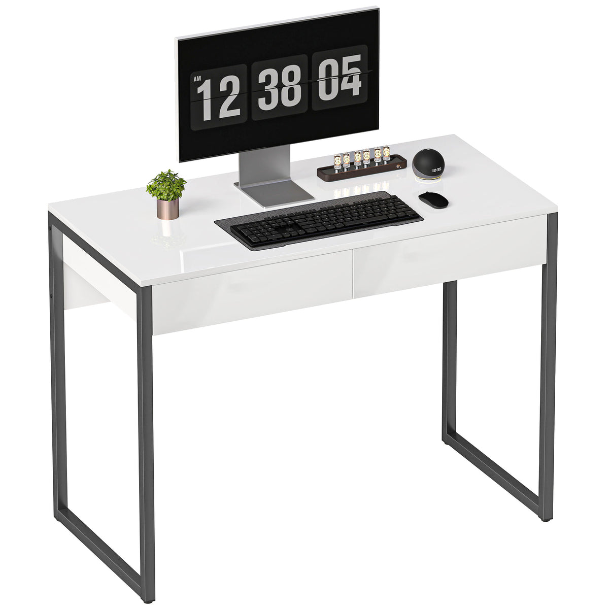 High Gloss Work Table, with Drawers - White