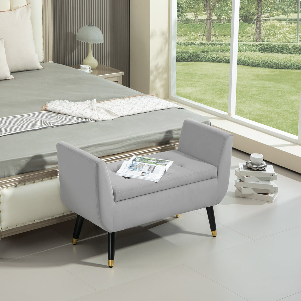 Sitzbank mit Stauraum und Armlehnen, Truhenbank, samtartiges?Polyester, Kautschukholz, Hellgrau, 107 x 42 x 65 cm