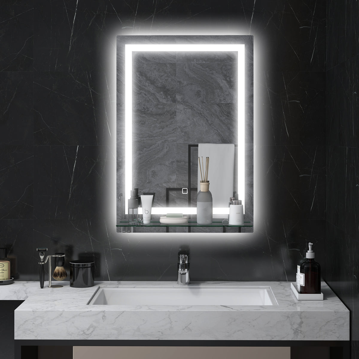 LED-Badspiegel, dimmbar, Anti-Beschlag, Touch-Schalter, Ablage, 50 x 70 cm, Silber