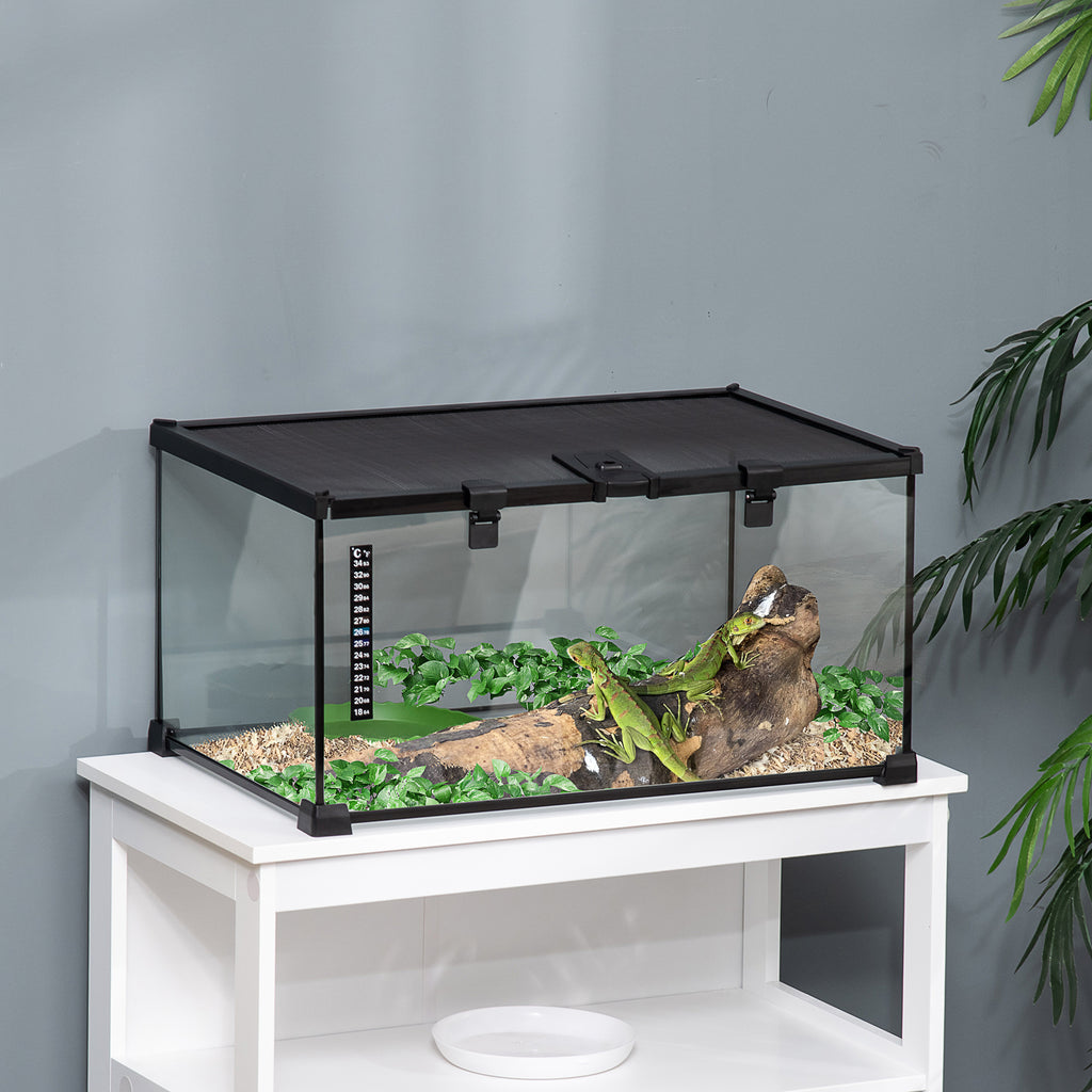 Reptilienbox Terrarium, inkl. Streifenthermometer, Fütterungsklappen, 50 cm x 30 cm x 25 cm, Glas + Metall, Schwarz