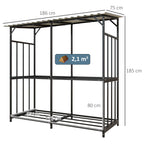 Brennholzregal, 2 Etagen, verzinktes Stahl-Dach, Metallrahmen, 186 x 75 x 185 cm, Schwarz