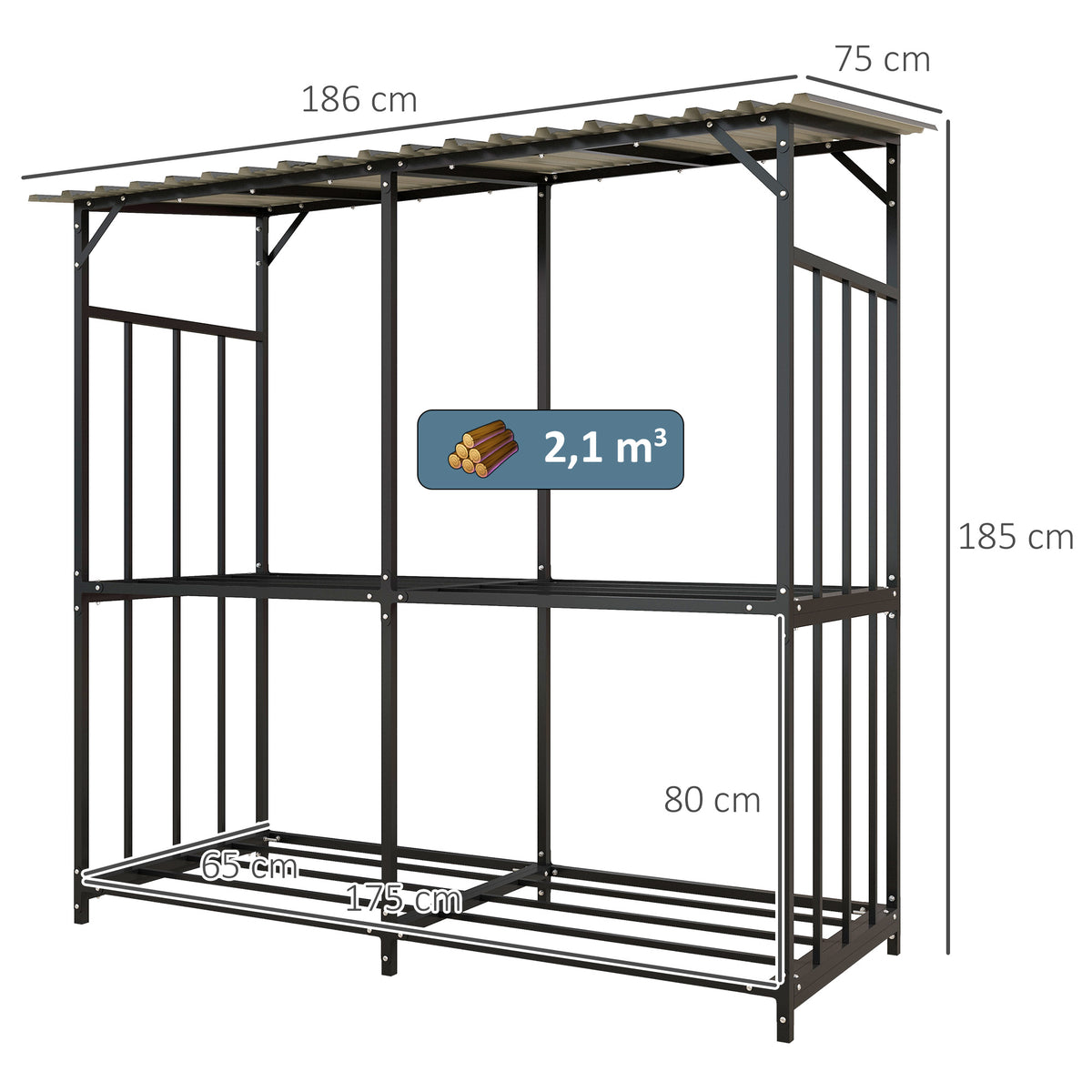 Brennholzregal, 2 Etagen, verzinktes Stahl-Dach, Metallrahmen, 186 x 75 x 185 cm, Schwarz