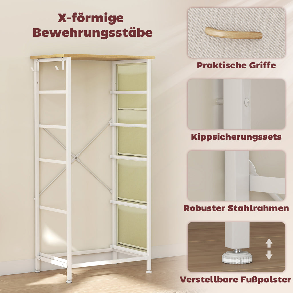 Kommode Schrank mit 5 Schubladen aus Vliesstoff mit Haken Beige