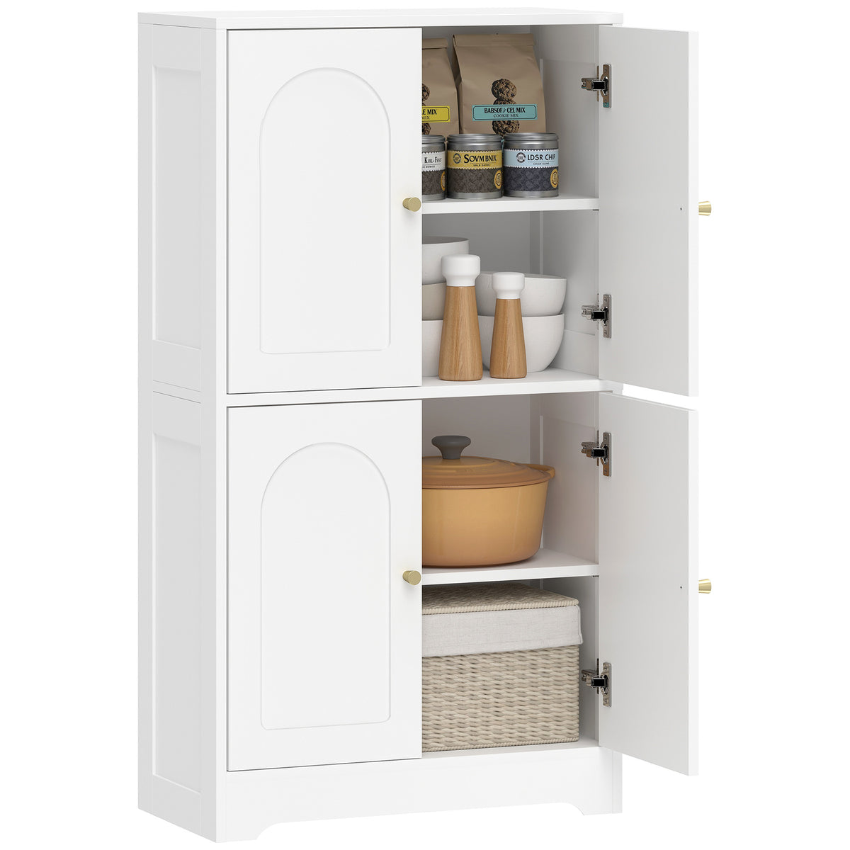 Küchenschrank, Hochschrank mit 2 verstellbaren Regalböden, Küchenbuffet mit 4 gewölbten Türen 60 x 30 x 110 cm, Weiß