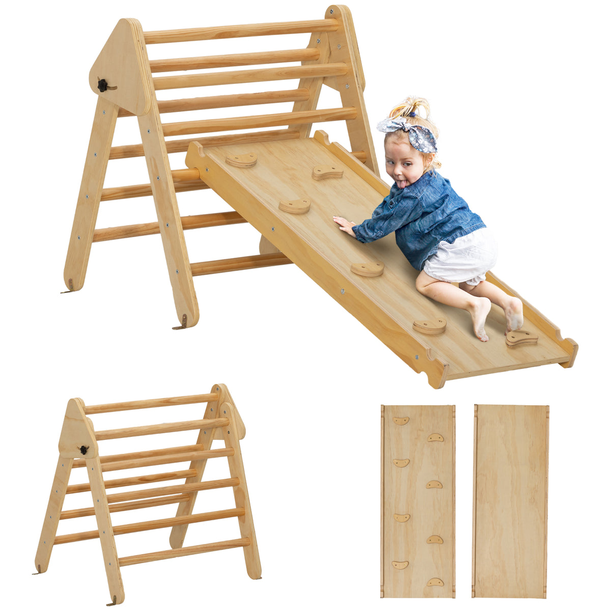 Kinder-Kletterset aus Holz mit Dreiecks-Leiter und zweiseitiger Rampe, für Kinder im Alter von 18-48 Monaten