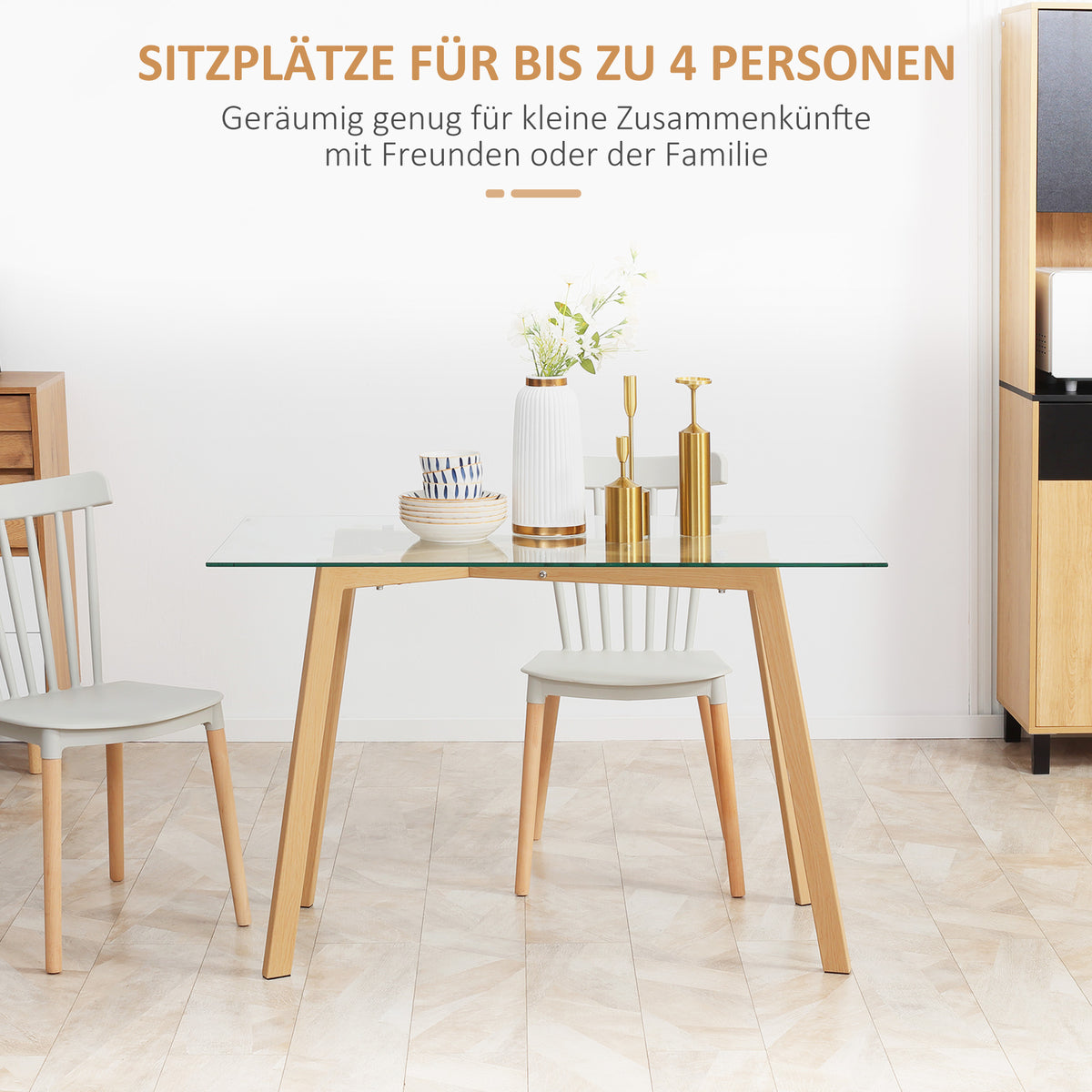 Esstisch für 4 Personen, Glasplatte, Stahlgestell, Holzoptik, 120L x 60B x 76H cm