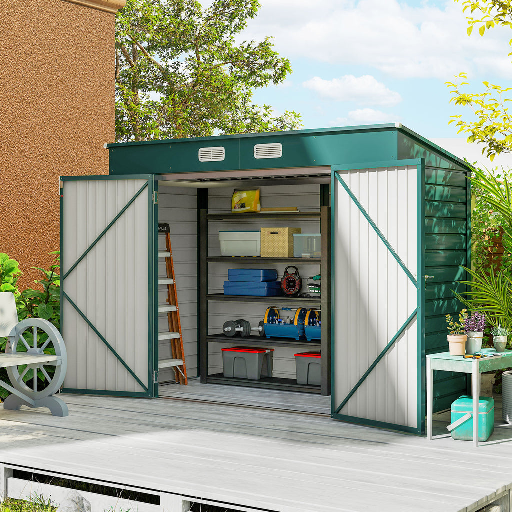 3.7 x 7.9ft Galvanised Steel Shed, with Latched Door and Padlock - Green
