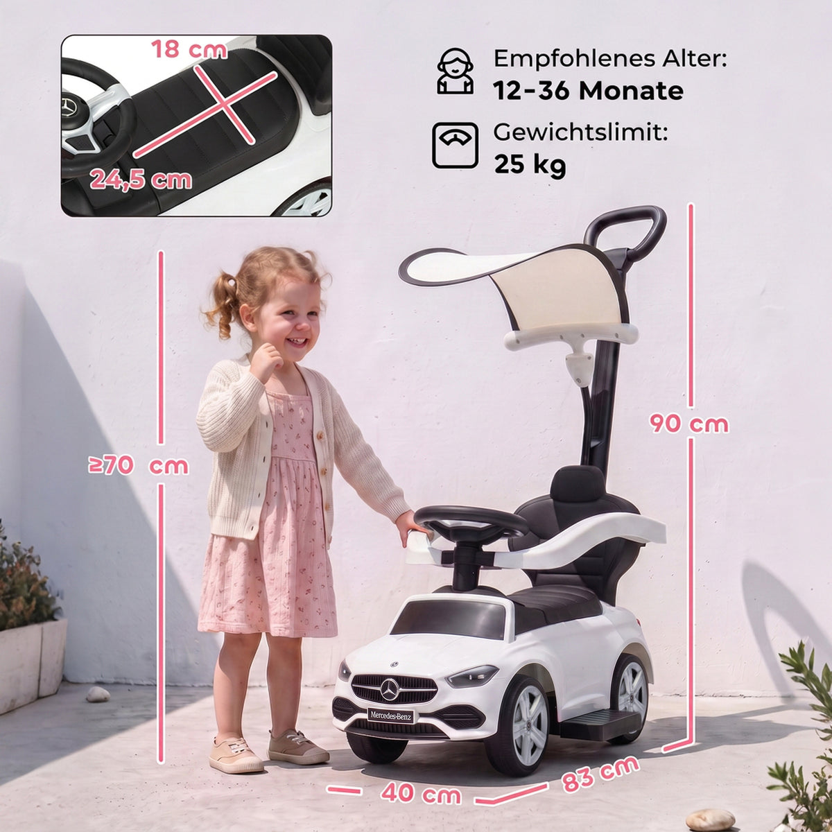 3-in-1 Rutschauto mit Schiebstange Mercedes-Benz Weiß