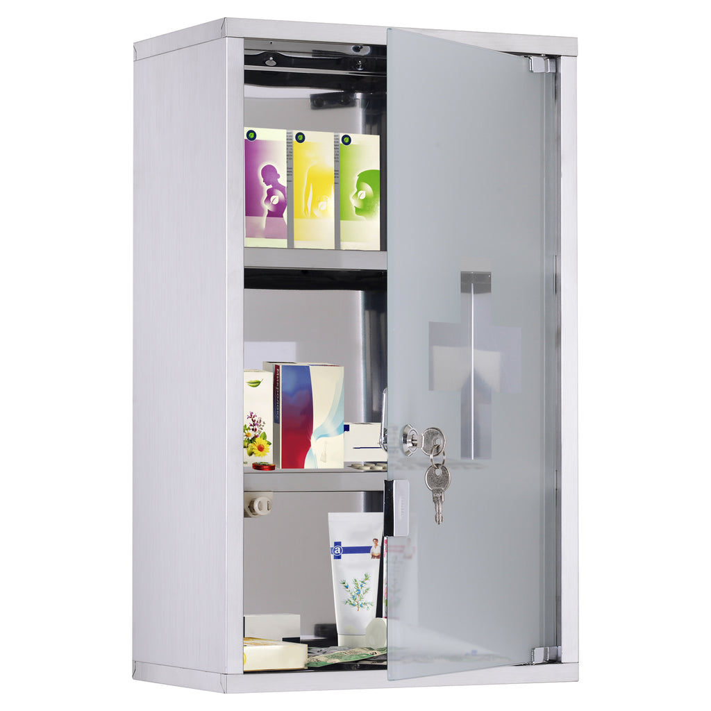 3 Tier Stainless Steel Wall Mounted Medicine Cabinet Glass Lockable Door Storage Shelves Houseware Bathroom Furniture w/2 Keys