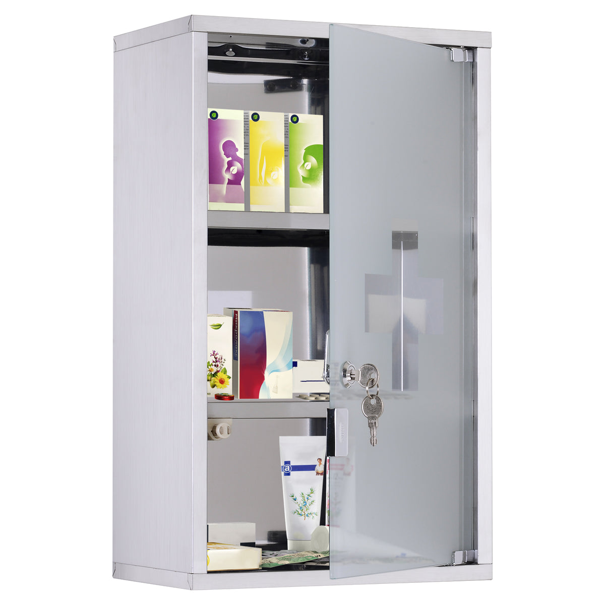 3 Tier Stainless Steel Wall Mounted Medicine Cabinet Glass Lockable Door Storage Shelves Houseware Bathroom Furniture w/2 Keys