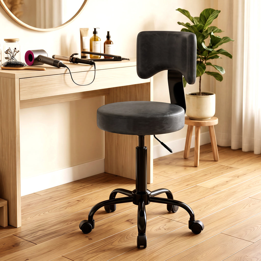 Rollhocker, höhenverstellbarer Salonstuhl aus PU-Leder mit Polstersitz, Rückenlehne und Rollen, Schwarz