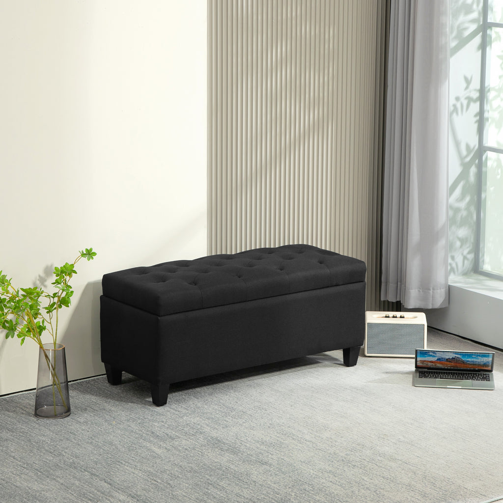 Sitzbank mit Stauraum, Truhenbank, leinenartiges Polyester, Kautschukholz, Schwarz, 100 x 40 x 44 cm