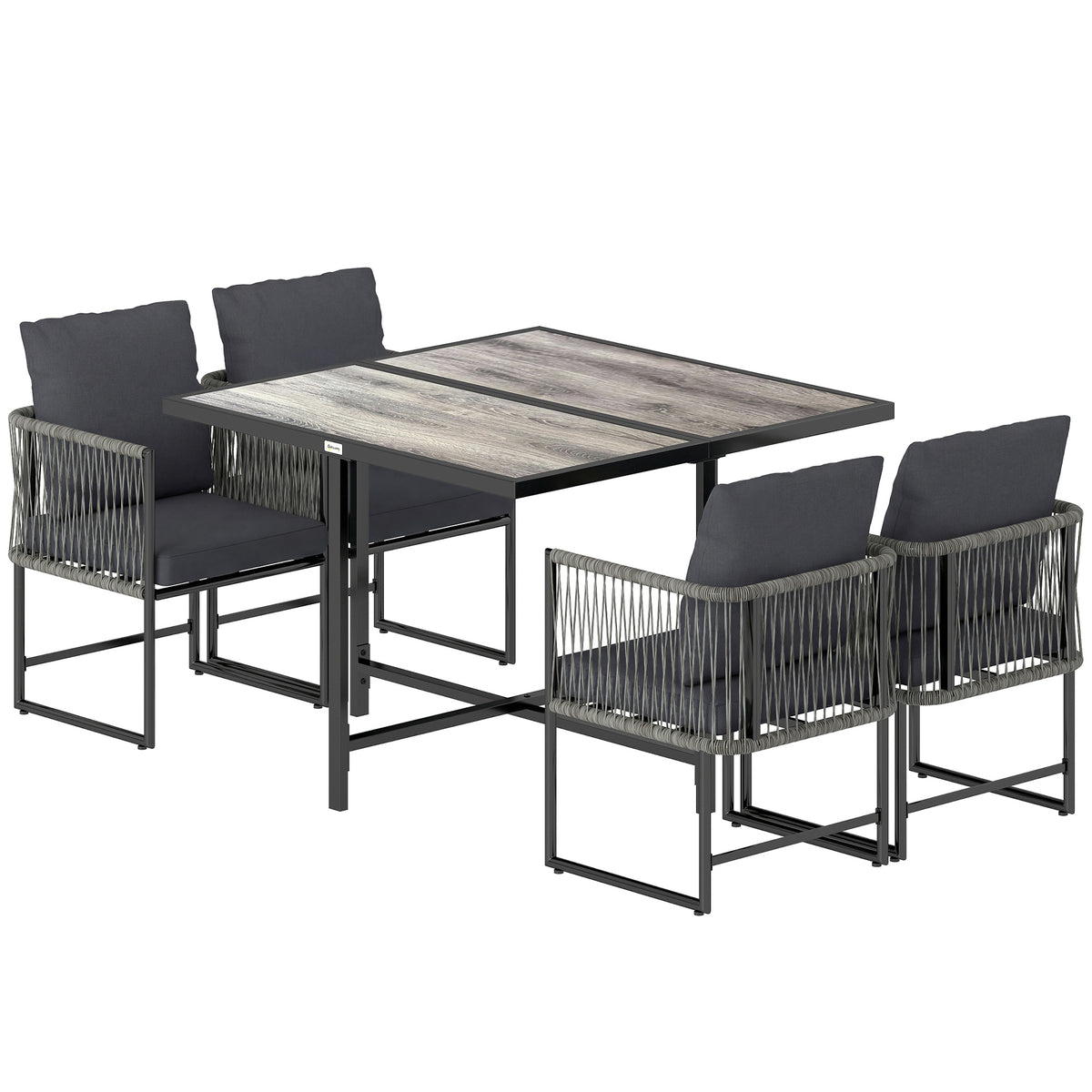 Polyrattan Gartenmöbel Set 5-teilig Platzsparend Sitzgruppe Tisch mit 4 Stühlen DPC-Tischplatte Kissen Grau