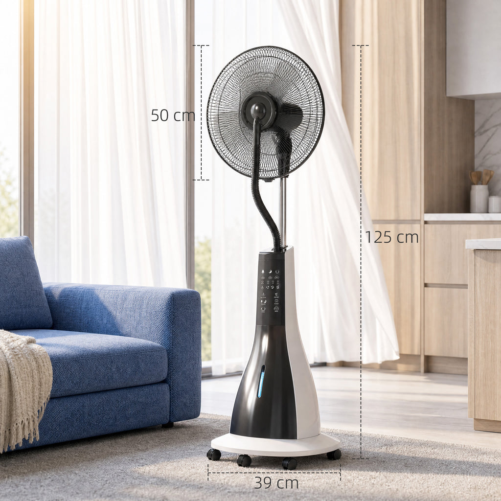 Ventilator mit Sprühnebel-Funktion, 75 Grad drehbar, 3 Geschwindigkeiten, 3 Modi, 3-Liter-Wassertank, Schwarz+Weiß