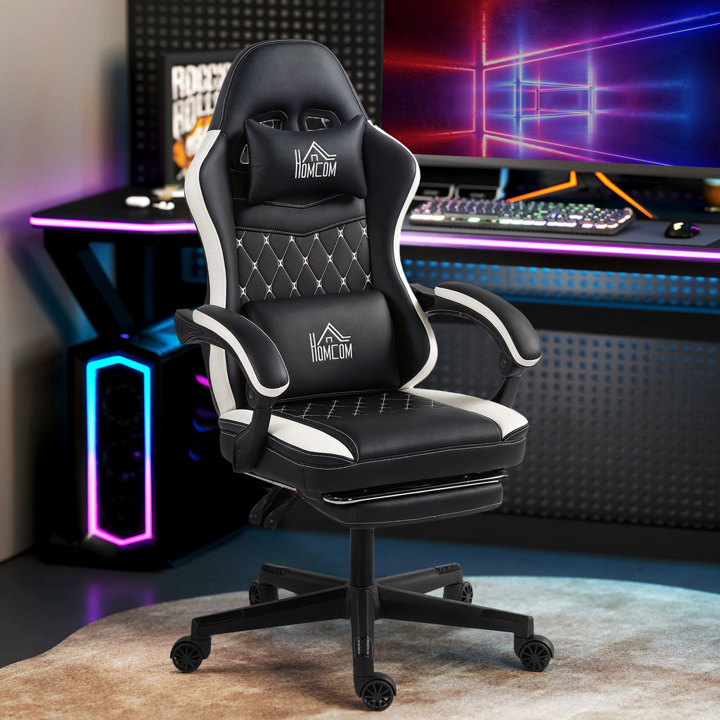 Gaming-Stuhl mit Fu?st¨¹tze, Computerstuhl mit Kopfst¨¹tze & Kissen, Kunstleder-Bezug, drehbar, h?henverstellbar, Metall, Kunststoff, Schwarz+Wei?