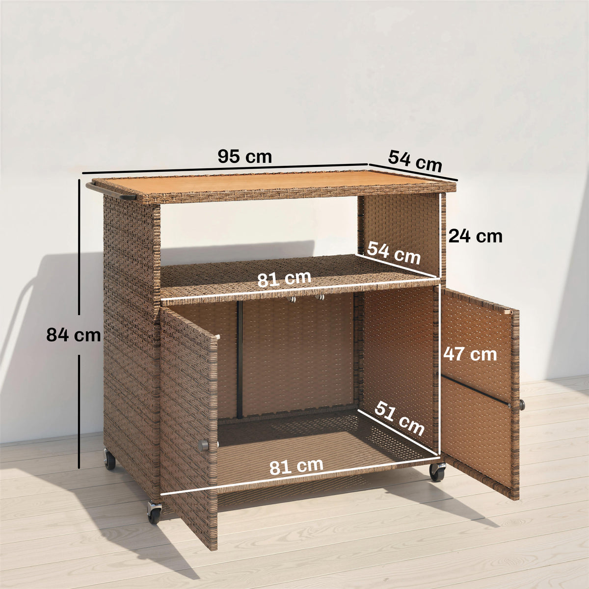 Servierwagen Rattan Küchenwagen mit FSC Eukalyptusholz-Arbeitsplatte Ablagefach Rollen Seitengriff 95 x 54 x 84 cm