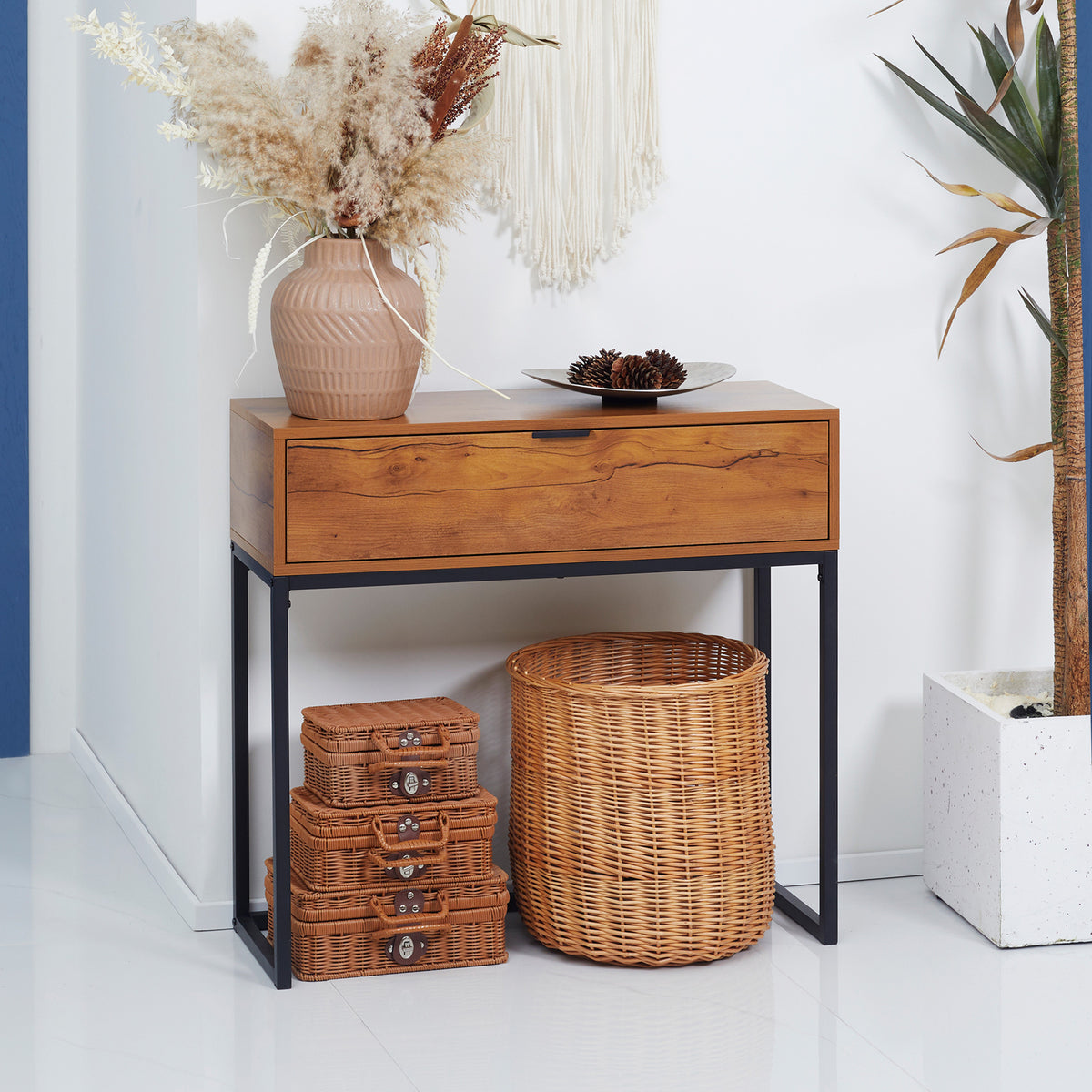 Konsolentisch im Industriedesign, Beistelltisch, Sideboard, 1 Schublade, Braun + Schwarz