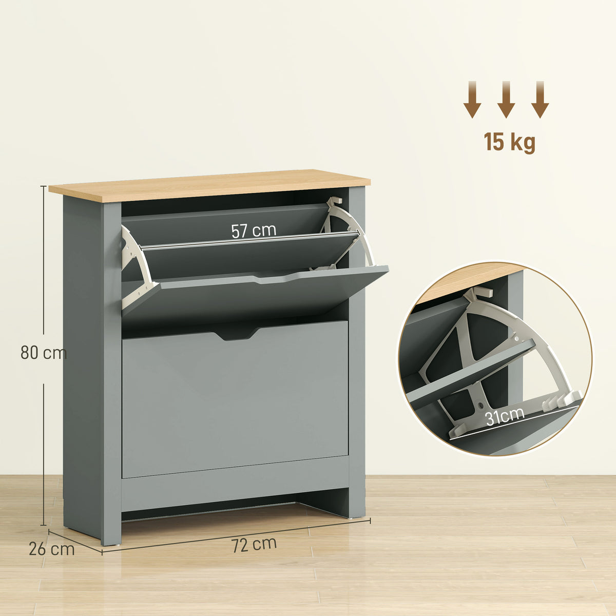 Schuhschrank mit 2 Klappfächern, verstellbar Trennwand für 8-12 Paar Schuhe, 72 x 26 x 80 cm, Hellgrau