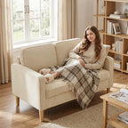 Sofa 2 Sitzer Couch mit 2 Wurfkissen, Stauraum Massivholzfüßen Kleine Modern Loveseat Corduroy 117 x 63 x 79 cm Beige