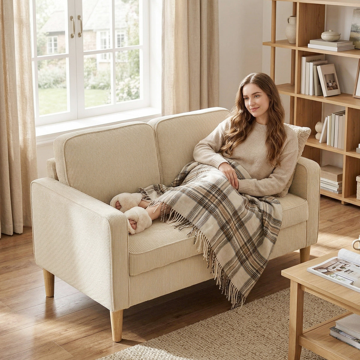 Sofa 2 Sitzer Couch mit 2 Wurfkissen, Stauraum Massivholzfüßen Kleine Modern Loveseat Corduroy 117 x 63 x 79 cm Beige