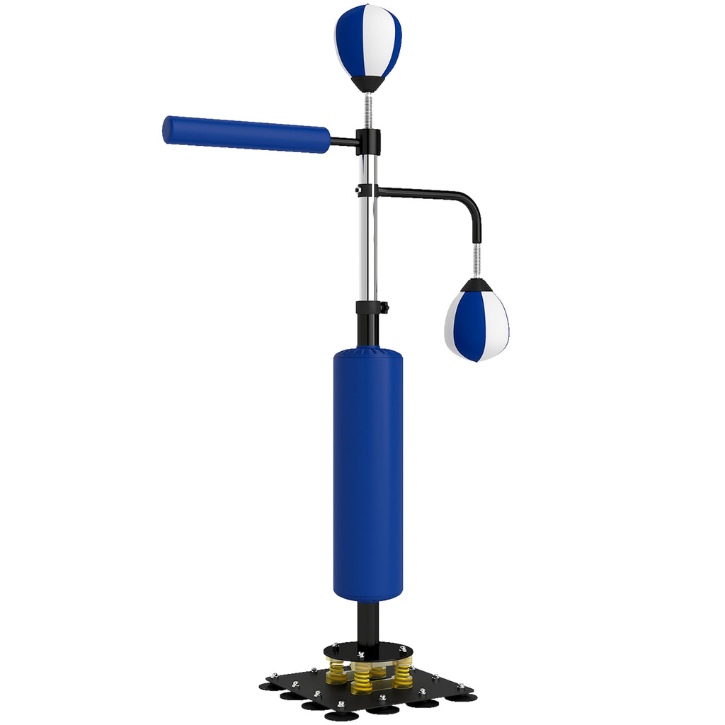 Boxstand, zwei Speedballs, drehbare Boxstange, Kickpolster, höhenverstellbar, Stahl, 107 x 36 x 140-205 cm, Blau