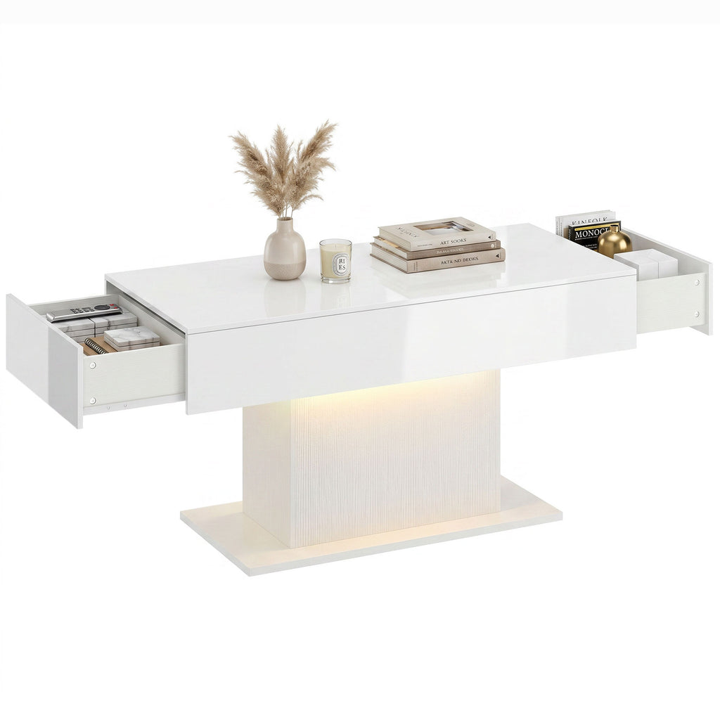LED Couchtisch mit Stauraum, Hochglanz, Modern, 2 Schubladen & Fernbedienung, Weiß