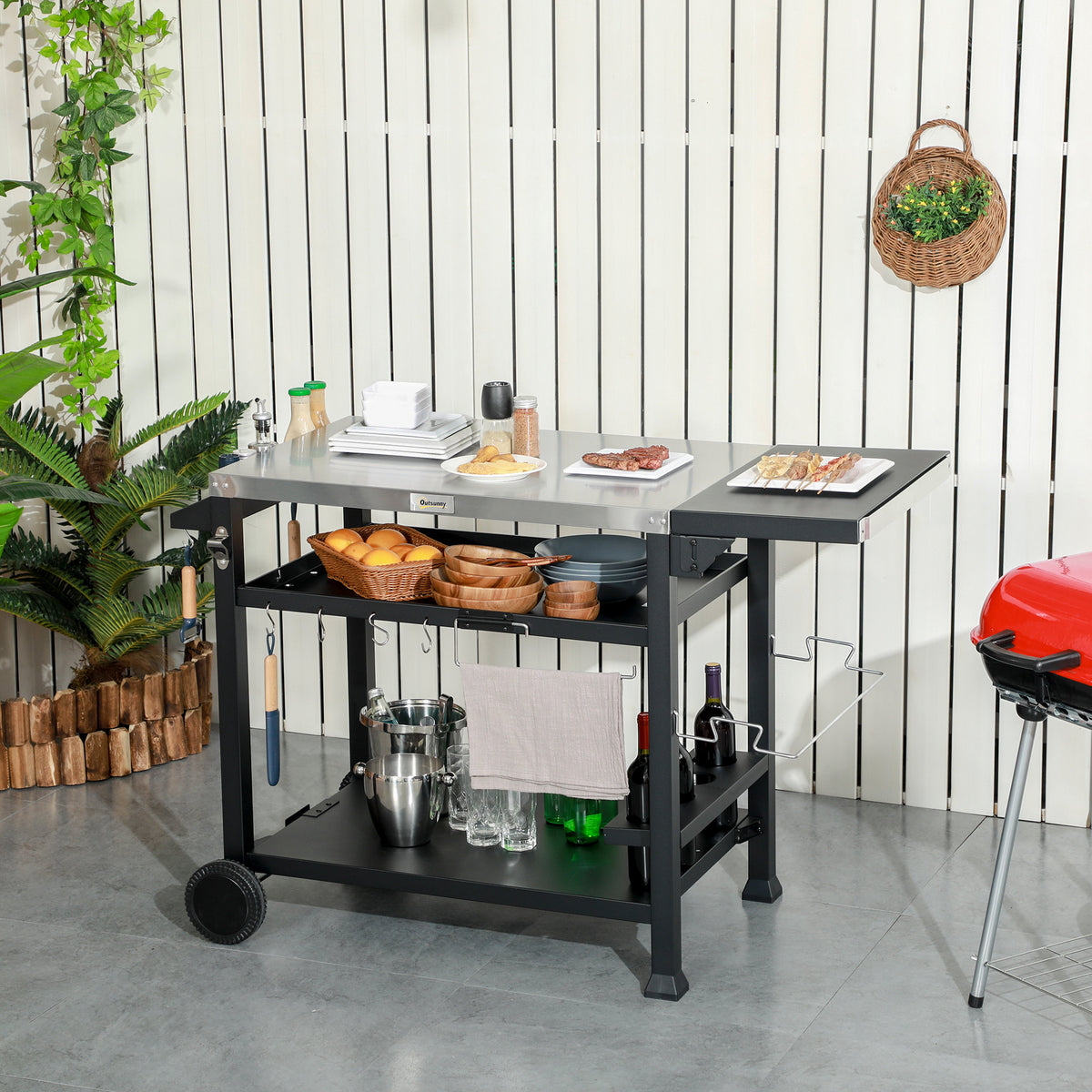 Multi-Feature BBQ Grill Table, with Stainless Steel Top - Black